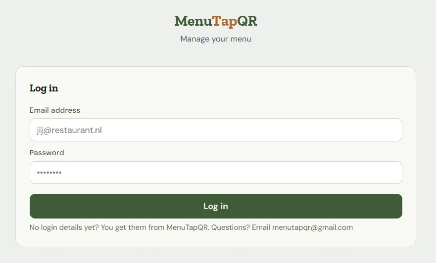 MenuTapQR login screen