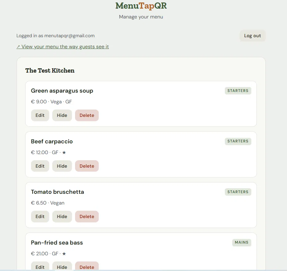 MenuTapQR menu editor