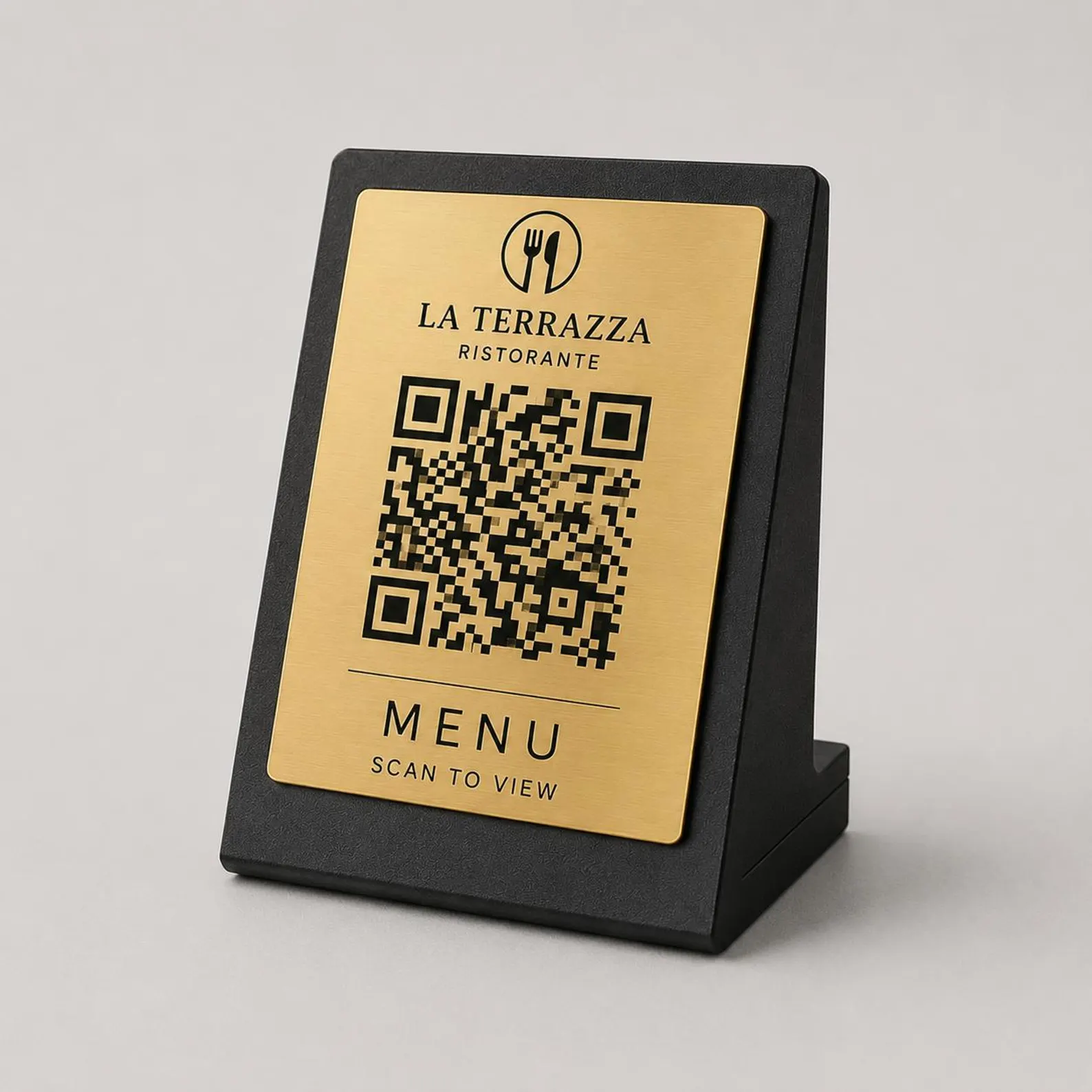 An elegant QR code stand on a restaurant table